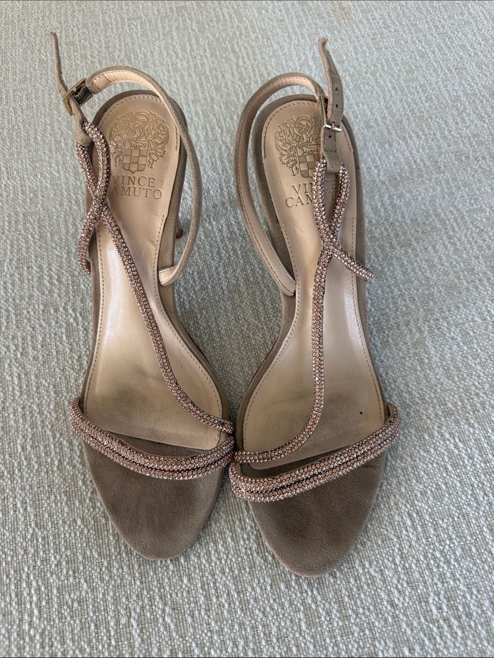 Vince Camuto Beaded Taupe T-Strap Heels